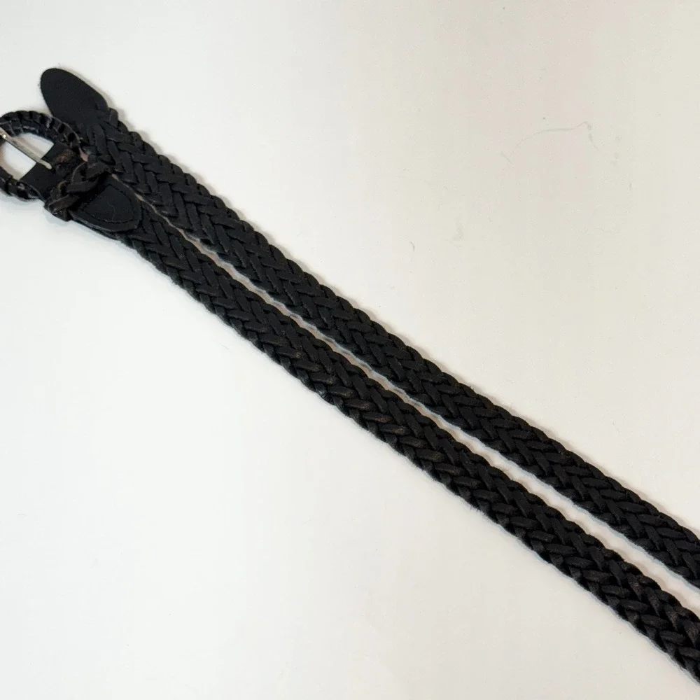 Black Genuine Leather Woven Braided Skinny Belt Size M/L Up to 40